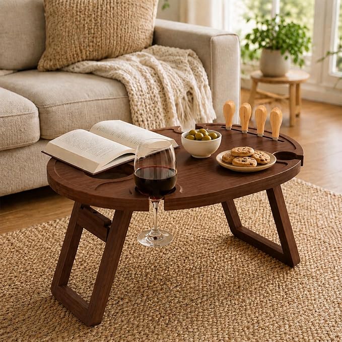 Portable Wine Picnic Table with 4 Glass Holders, Foldable Bamboo Outdoor Snack Table with Cheese Knife Set & Storage Bag, Low Picnic Tray for Camping, Grass, Beach, Romantic Date (Brown)