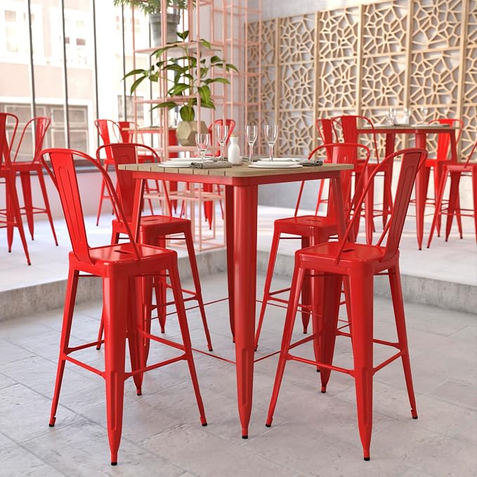 BizChair Commercial Outdoor Dining Table Bar Height, All Weather Poly Resin Top with Steel Base, 31.5" Square, Brown/Red