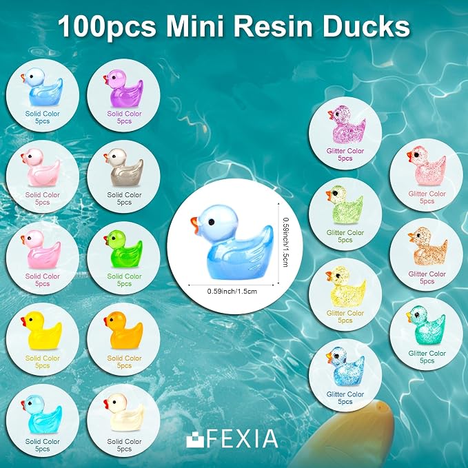 FEXIA 100pcs Mini Ducks Glitter Resin Tiny Ducks Animals Figures to Hide Glow in the Dark Duck Figures for Dollhouse Aquarium Fairy Garden Decor