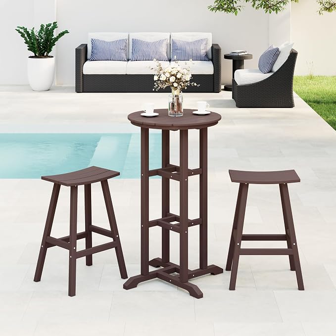 Costaelm Outdoor Bar Table, 42" Counter Height Round Patio Cocktail Bar Table, Patio Bar Table 3-Pieces Set Bistro Dining Table Pub Table for Deck, Backyard, Garden, Dark Brown