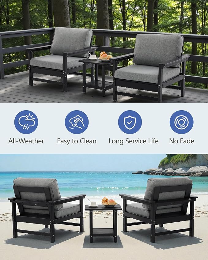 HDPE Outdoor Patio Chair Set with Cushions, 3-Piece Armchair Conversation Set with 2 Weatherproof Armchairs and Side Table, All-Weather Waterproof Deck Chairs for Garden, Porch, Balcony & Backyard