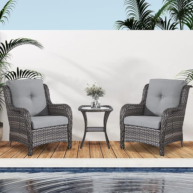 Belord Patio Chairs Outdoor Furniture Set, 3 Peices Porch Wicker Furniture with Side Table, Deep Seating Patio Bistro Chair Sets (Grey Cushion)