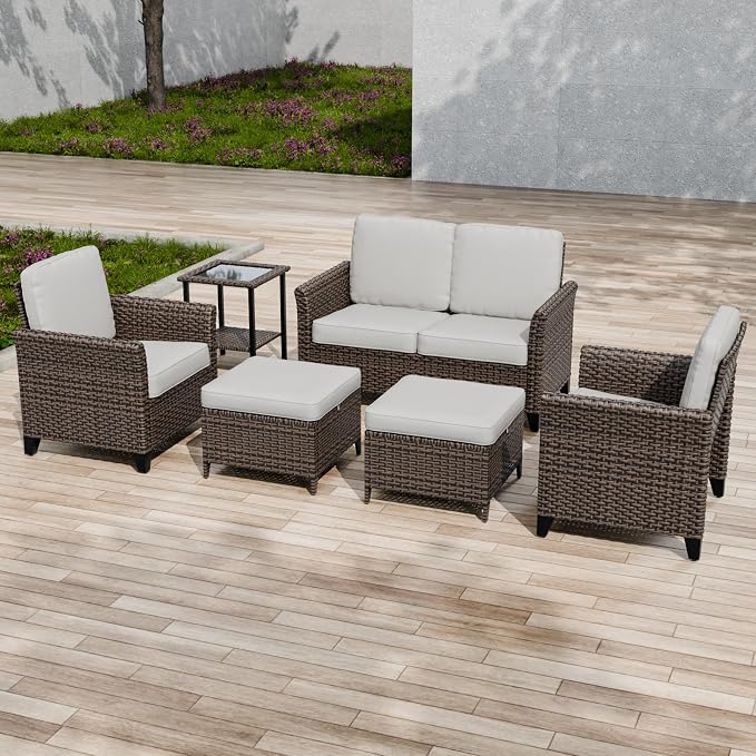 COOS BAY Harbor Retreat 6 Piece Outdoor Furniture Set, Patio Conversation Set with Patio Chairs, 2 Seat Loveseat, Side Table and Ottomans, Wicker Furniture, Brown/Beige