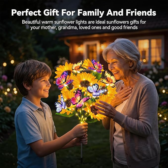 6 Pack Solar Sunflower Lights with Butterflies, Garden Light Outdoor Decor | Sunflowers Decor, Lifelike Solar Flower Lights Waterproof for Garden, Flower Beds, Yards, Patios, Gift for Women Mom Grandma