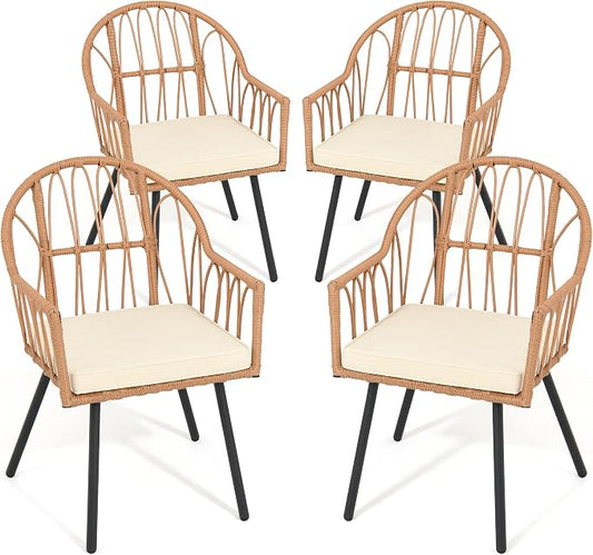 YITAHOME 4 Pieces Rattan Wicker Dinning Chairs, Outdoor Indoor Patio Furniture Set with Cushion and Curved Back All Weather Bistro Chair for Garden Backyard Porch Poolside Restaurant (Beige)