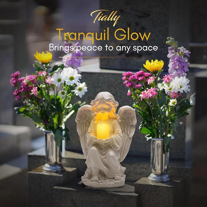 Solar Angel Garden Statue with Candle, 12" Guardian Memorial Outdoor Light | Bright all-night warm candle glow, true-to-size 12in, weatherproof resin built to last - no dim lights or dead battery