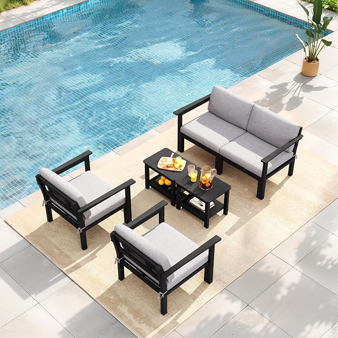 Modular Outdoor Patio Conversation Set, 3-Piece HIPS Chairs with Side Table & Thick Cushions– Side Interlock & Detachable Armrest, All-Weather Patio Furniture Set for Backyard, Deck, Poolside