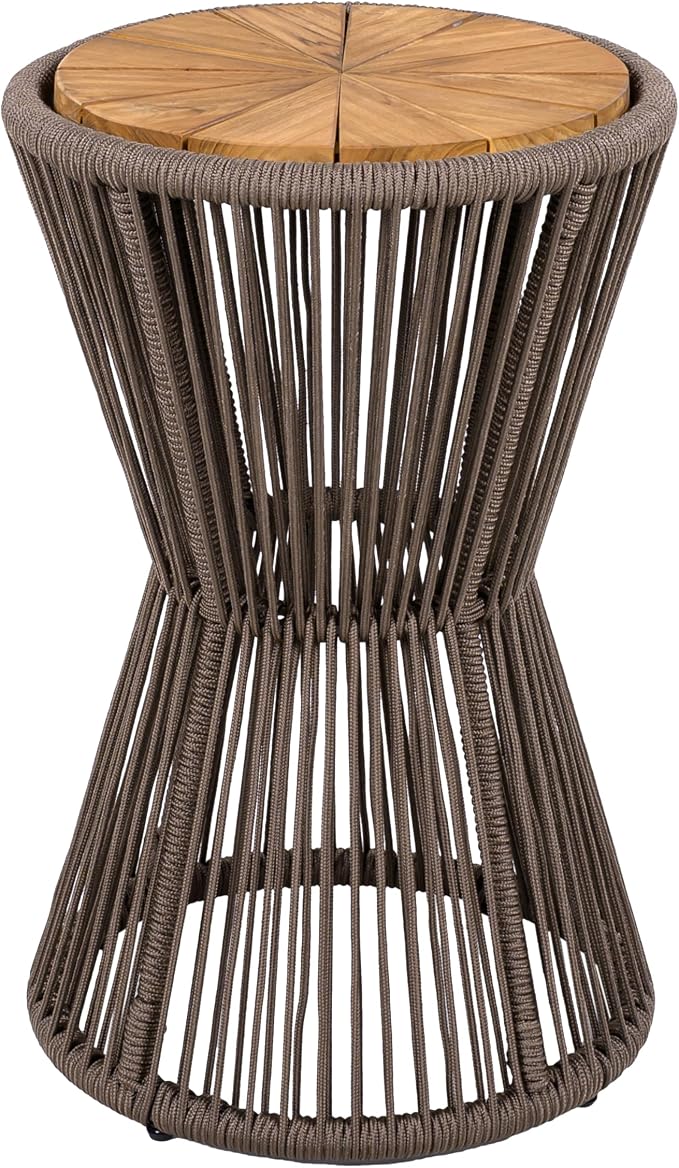 Merax Bohemian Round Outdoor Side Table with Acacia Wood Top and Dark Grey Handwoven Rope Base, Elegant Hourglass Design Patio Coffee Table for Garden, Pool, Balcony, Yard, 25.8" Height, No Assembly