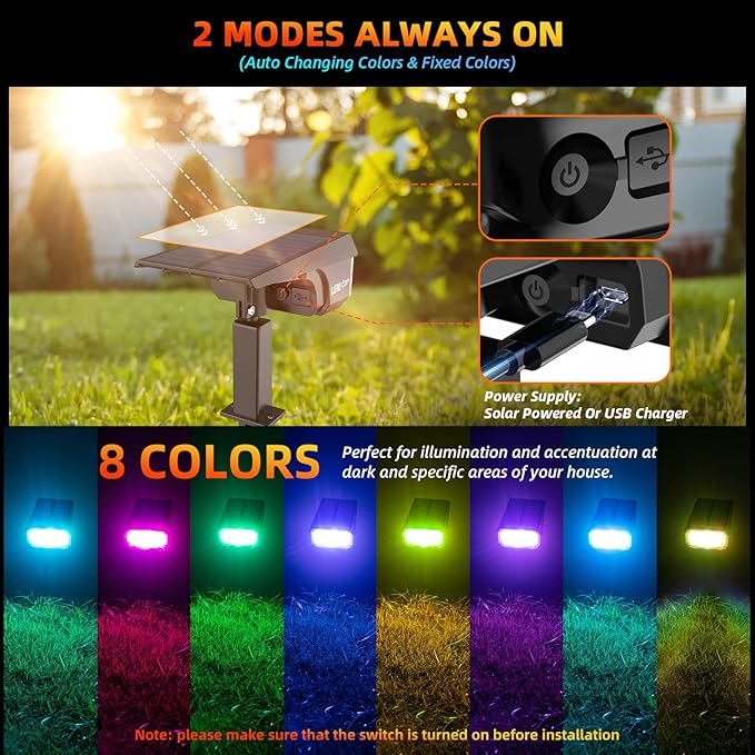 LEREKAM Color Solar Light Outdoor Waterproof Spotlights with 9 Light Modes, Color Changing Solar Outdoor Light for Halloween Decorations, Colored Spot Lights Auto On,Off, RGBW