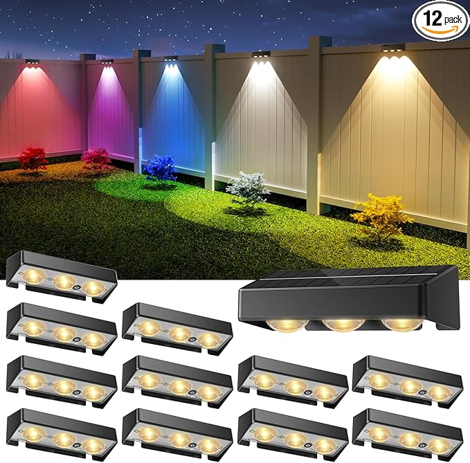 Solar Fence Lights, 12 Pack LED Outdoor Solar Deck Lights with Lenses, RGB Color, IP65 Waterproof, Solar Lights for Outside, Wall, Patio, Railing, Yard (Black)
