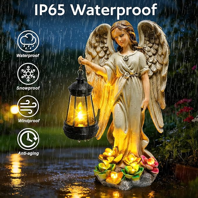 Solar Garden Statue Angel Figurine - 11.8 Inch Fairy Angel Solar Lights Outdoor with Hanging Lantern for Balcony Patio Yard Ornament, Cemetery Grave Decoration, Gifts for Women Mom, Memorial Gifts