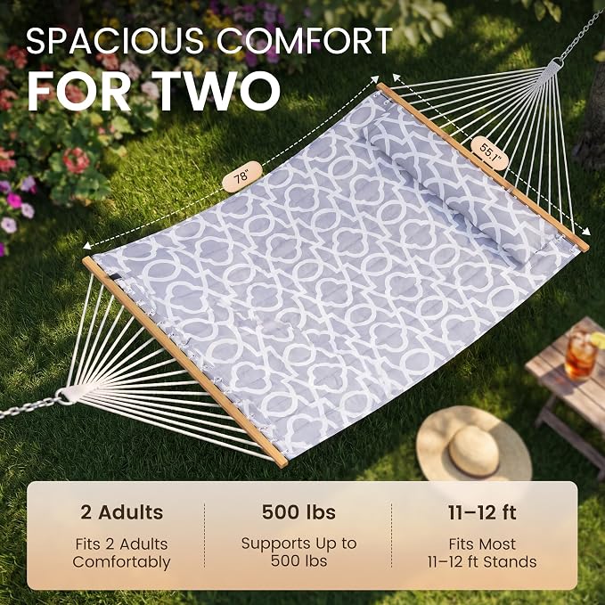 Everyfun Double Hammock with Spreader Bar - 2 Person Patio Hammock, 500 lbs Capacity, Soft Pillow & Carry Bag, Flat Wide Bed, Portable Quilted Hammock for Outdoor Camping Backyard Garden,White Gray