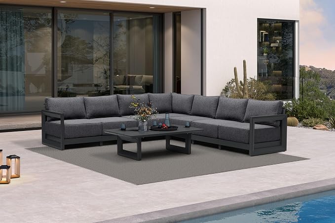 PURPLE LEAF Patio Furniture Set L-Shaped Outdoor Couch with 9.6" Thick Cushion and Soft Pillows 8 Piece Outdoor Sectional Sofas with Table Modern Outdoor Conversation Sets for Yard Porch Deck, Grey