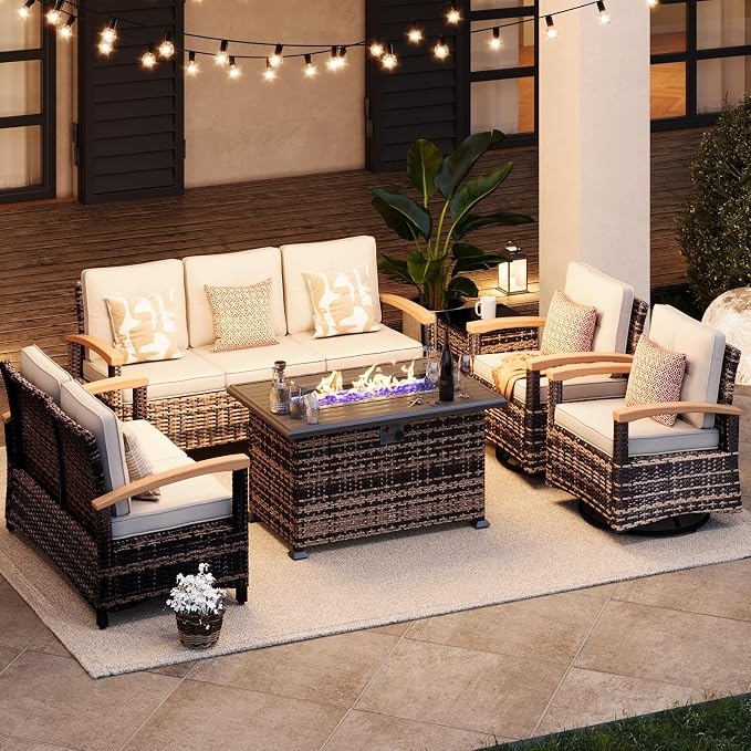 MEISSALIVVE 6 Pieces Patio Furniture Sets with Fire Pit Table, Wicker Outdoor Conversation Sets with Swivel Glider Chairs, Outdoor Patio Set for Porch,Deck,Balcony(Beige)