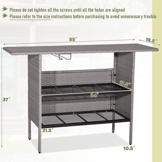 Giantex Outdoor Patio Wicker Bar Table, 2 Storage Shelves, 55''W Tabletop, Rails for Hanging Wine Glasses, Heavy-Duty Metal Frame, Bistro Rattan Bar Counter Table for Poolside Backyard (Mix Gray)