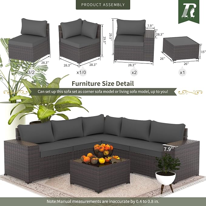 8 PCS Outdoor Patio Furniture Set,Outdoor Sectional Furniture All Weather PE Rattan Wicker Patio Conversation Set with 2 Ottomans and Coffee Table,Grey