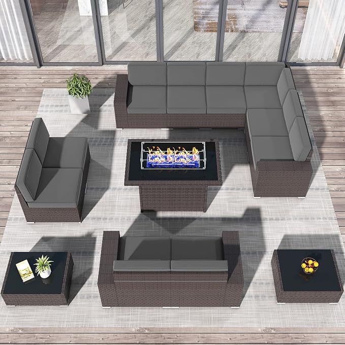 13 Pieces Patio Furniture Set with 44" Propane Gas Fire Pit Table, Outdoor Sectional Brown Rattan Wicker Conversation Sofa Sets with Coffee Table