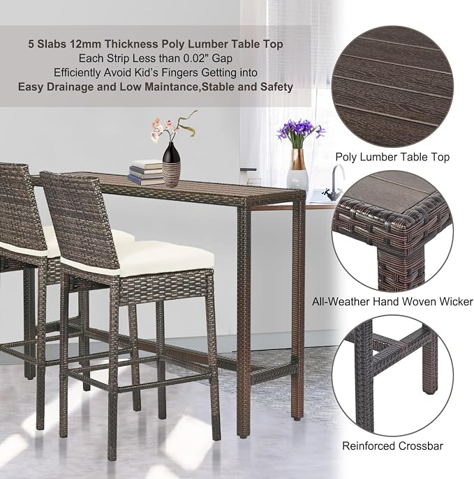 Outdoor Bar Table Patio Bar Height 55" Long Outdoor Console Table Hot Tub Tall Wicker High Top Pub Serving Table Narrow Sofa Sideboard Table Brown