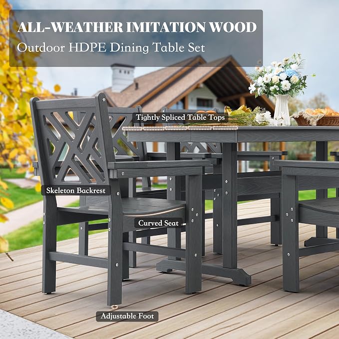 HDPE Dining Table Set for 8,10-Piece Outdoor Table and Chairs Include 8 Dining Chairs and 2 Pcs 62.5" Patio Dining Table with Umbrella Hole (Gray)