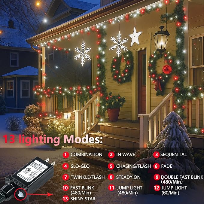 200 LED Connectable String Lights, 66FT Christmas Lights Outdoor Indoor | Red & White, 13 Modes, Timer, Clear Wire Waterproof Twinkle Fairy Lights Plug in for Bedroom Classroom Patio Xmas Tree Decor