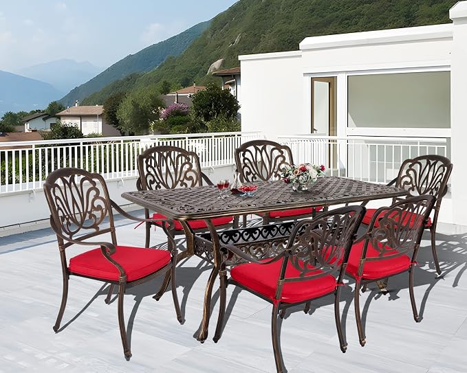 TITIMO 7-Piece Cast Aluminum Patio Dining Set, Outdoor Dining Furniture Patio Conversation Set, Rectangular Table w/Umbrella Hole for Backyard Deck Poolside (Red-Fixed Elizabeth Chair, 7 Pcs)