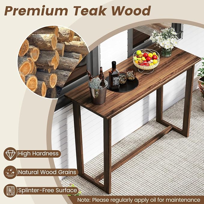 Tangkula 59 Inch Outdoor Bar Table, Teak Wood Rectangle Patio Bar Height Pub Table with Slatted Top, for Balcony, Garden and Poolside