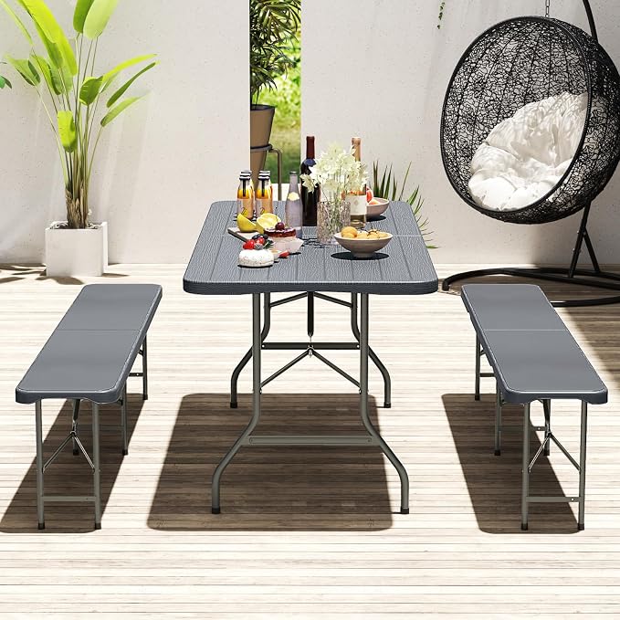 Goplus 6 FT 3-Piece Portable Picnic Table Bench Set, HDPE Wood-Like Plastic Folding Picnic Tables with Benches, Foldable Patio Camping Beer Table, Indoor & Outdoor Folding Table and Chairs