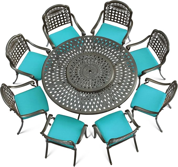 VIVIJASON 9-Piece Outdoor Furniture Dining Set, Rust-Free Cast Aluminum Patio Conversation Set, Include 8 Cushioned Chairs & 61" Round Dining Table with 31" Lazy Susan, Umbrella Hole, Ocean Blue