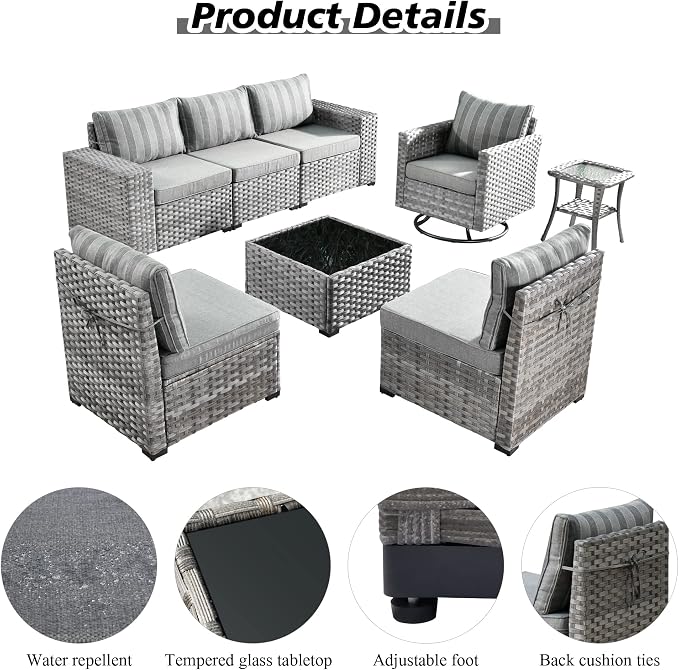 HOOOWOOO Outdoor Patio Sectional Furniture Sofa Set with Swivel Rocking Chair,8 Piece Modern Wicker Couch with Widened Armrest,Modular Conversation Seating Set for Garden(Grey Strips)