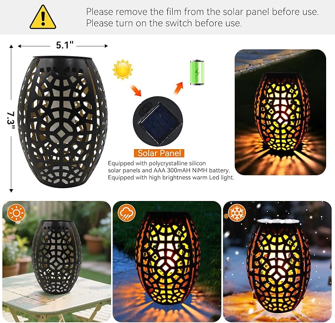2PCS Solar Table Lanterns Flickering Flame Outdoor Black Geometric | Waterproof Metal Hollow Design, 7.3" H Black Geometric Figure, Solar Flickering Flame, Ideal For Tabletop Garden Patio Decor