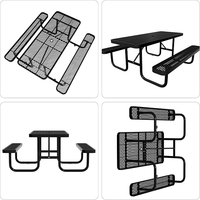 6FT Steel Metal Picnic Table with Benches, Rectangular Lifetime Picnic Table, Outdoor Furniture Heavy Duty Sturdy Commercial Picnic Tables for Patio Garden Courtyard BBQ Shopping Centers