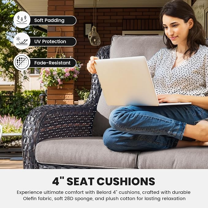 Belord Patio Wicker Sofa Set 6 Pieces Patio Furniture Set Outdoor Couch, 2 Patio Wicker Chairs with 1 Sofa, Coffee Table and Ottomans, Patio Conversation Set for Porch Garden Deck Balcony Poolside