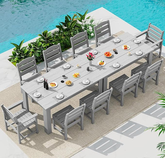 SERWALL 59" Outdoor Dining Set for 10, Light Gray | Include 2 Rectangular Tables and 8 Armrest Chairs, All Weather Dining Sets for Garden, Backyard
