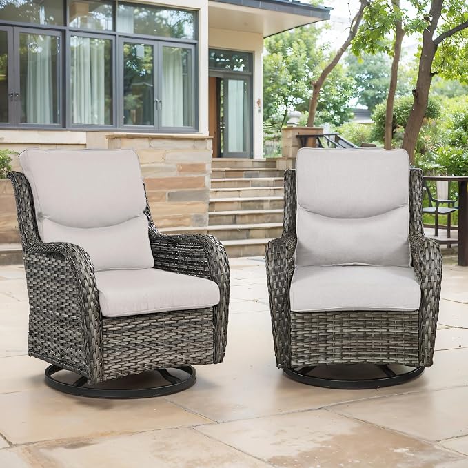 Swivel Patio Chairs Set of 2 with 5" Thick Cushion - Wicker Outdoor Swivel Rocker Patio Chairs, High Back Comfortable Outdoor Glider Chair for Balcony, Porch, Deck, Poolside - Gray/Beige