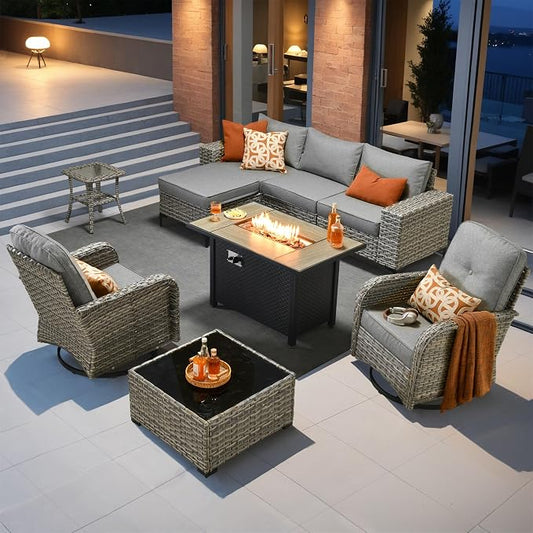 Outdoor Sectional Patio Furniture Set with Fire Pit Table,8 Pieces Wicker Conversation Sets L Shaped Couch,Extra Deep Out Door Sofa Outside Furniture with Swivel Chairs,Dark Gray