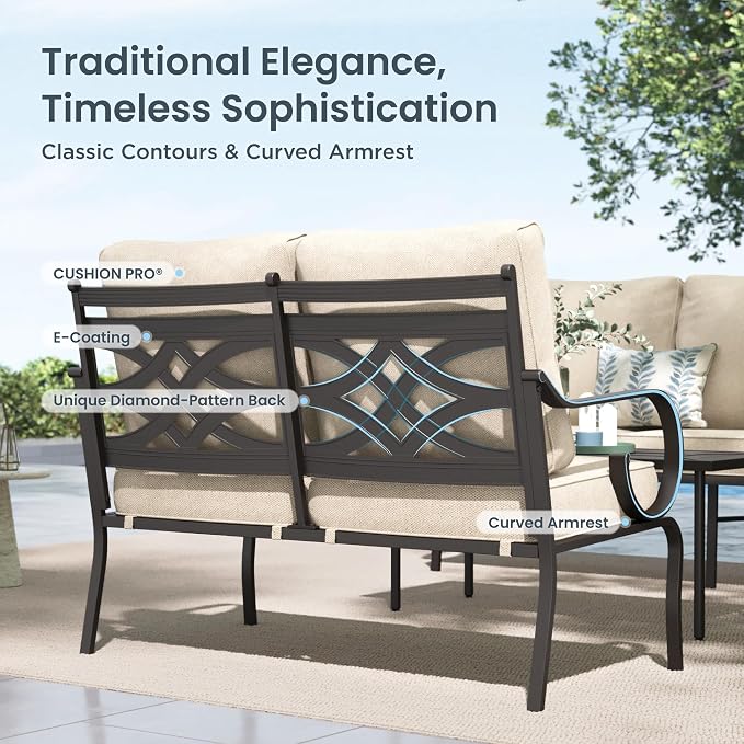 PHI VILLA Patio Furniture Set, 4 Rocking Chairs and a 28" Square Fire Pit Table, Outdoor Metal Conversation Set with 5.75" Extra Thick Cushion for Garden Backyard Deck, Beige