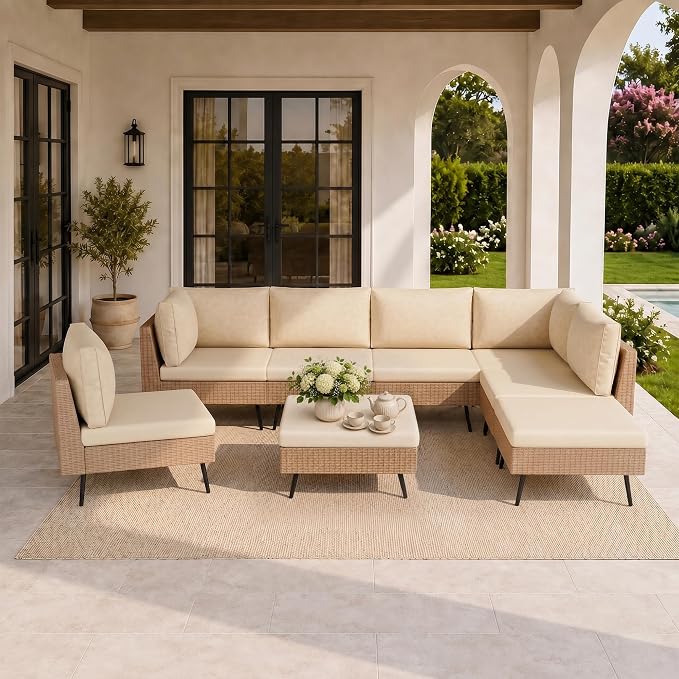 Pamapic 8-Piece Wicker Outdoor Furniture Set, All-Weather Patio Conversation Set with Thick Cushions & 2 Multi-Use Ottomans, Sectional Sofa Patio Furniture Set for Backyard, Porch, Beige