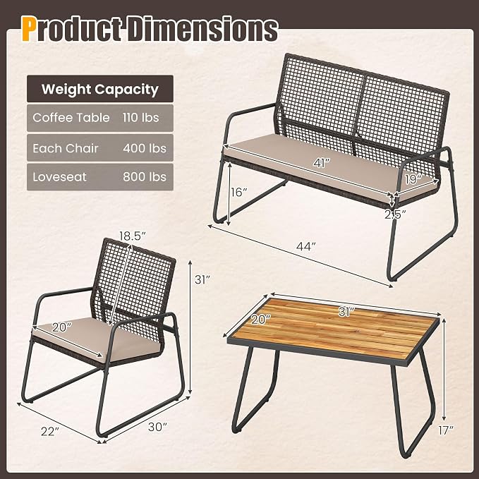 Tangkula 4 Pieces Patio Furniture Set, PE Wicker Rattan Conversation Set with Acacia Wood Coffee Table & Zippered Cushions, Outside Seating Set for Backyard, Garden & Deck (Beige, 4 Pcs)