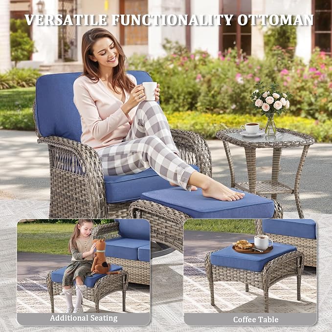 6 PCS Patio Furniture Set Outdoor Sectional Sofa Couch with Rocking Swivel Chairs 5" Deep Seat Chairs, Modern Wicker Rattan Conversation Set, Blue/Gray Wicker