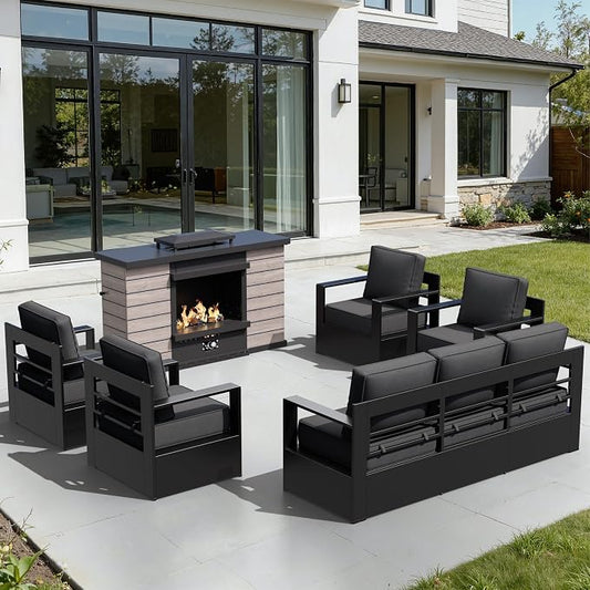 Outdoor Aluminum Furniture Set, 6-Piece Patio Conversation Set, 4 Chairs 1 Sofa and 1 Fireplace, All-Weather Metal Frame, 6" Thick Removable Cushions, Deep Setting for Garden, Poolside and Porch