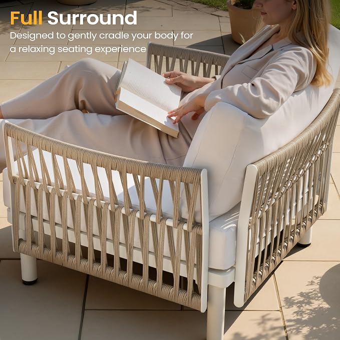 7-Piece Aluminum Modern Outdoor Sectional Sofa with Coffee Table - Weather-Resistant 31" Deep Seating Patio Conversation Set, 5.1" Thick Removable Cushions for Deck, Porch & Backyard, Beige