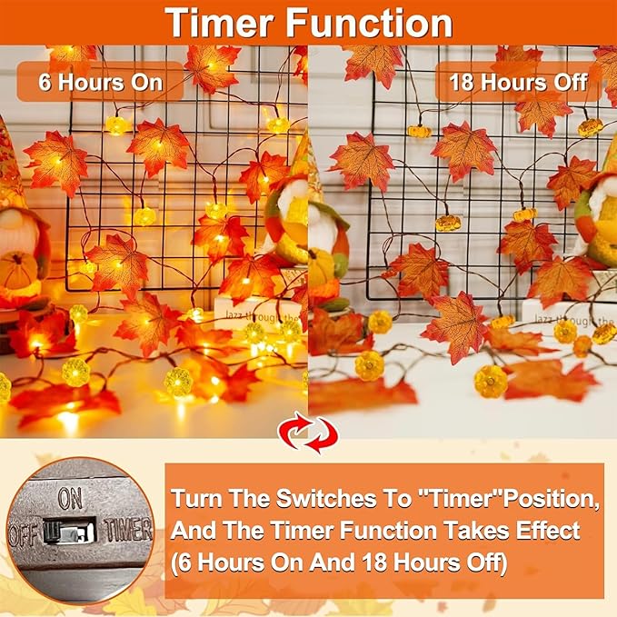 Timer&3 Pack Fall Decor Fall Garland with Pumpkin Lights 30Ft 60LED | Patented Realistic Maple Leaves Pumpkin Garland Battery Operated Fall Halloween Thanksgiving Decorations for Home Outdoor