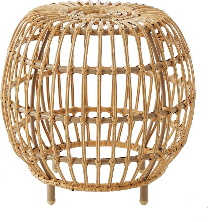 Round Rattan Side Table, Boho Rattan End Table Outdoor Round Wicker Side Table, All-Weather and Rust Resistant for Living Room Patio, Poolside, Garden, Yard
