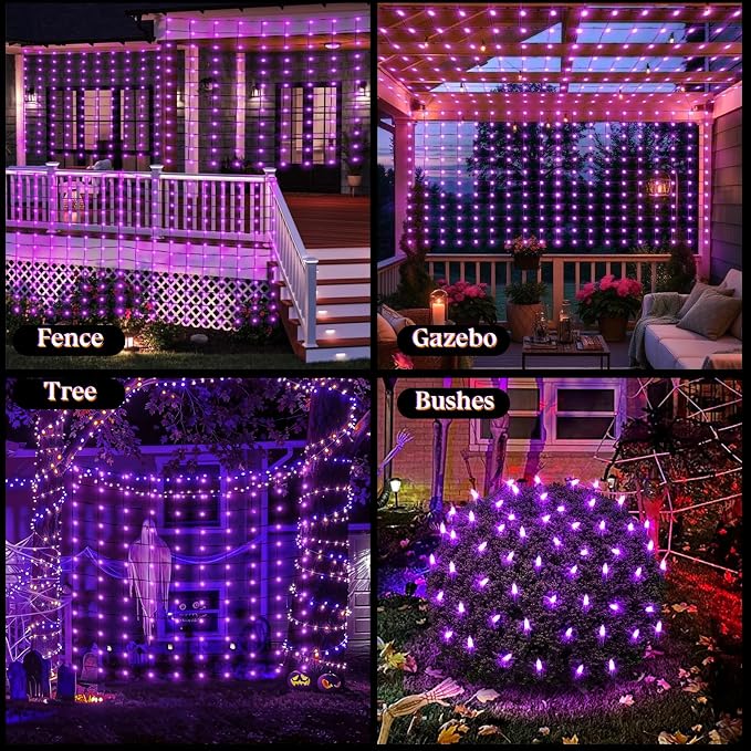 120LED Halloween Net Lights Outdoor, 5ft x 6ft Connectable Mesh Lights, 8 Modes 3.5V Low Voltage Waterproof Bush Lights for Trees, Bushes, Wedding, Party Decor (Purple, 1Pack)