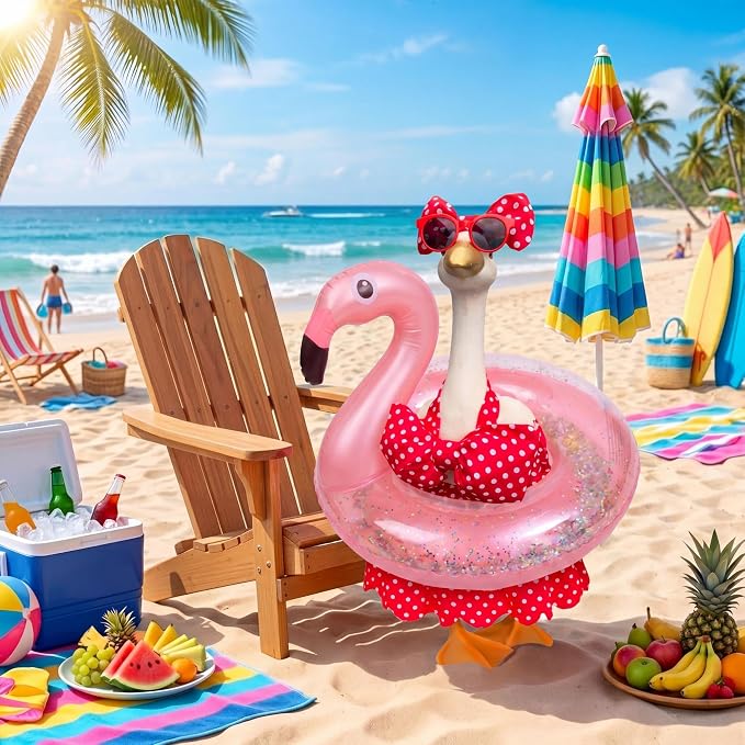 Abbylike Summer Bikini Porch Goose Outfits Hawaiian Goose Clothes Fits 23" H Cement Plastic Statue with Hat Sunglasses & Swimming Ring for Outdoor Garden Lawn Patio Yard Decor(Flamingo)