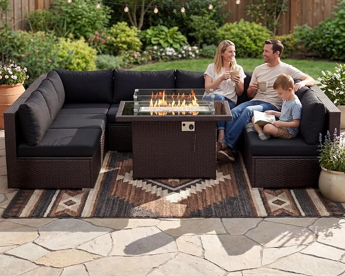 BULEXYARD 9 Piece High Back Outdoor Sectional Couch Set with Fire Pit, Elegant All-Weather Patio Furniture Set, Extra Large Size 8-Person Backyard Seating Group L-Shaped for Yard, Deck, Brown & Black