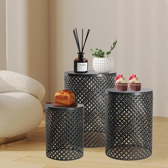 Outdoor Side Table Set of 3, Decorative Garden Stool for Indoor Outdoor Heavy Duty Metal Frame Accent Table Modern End Table for Gardens, Balconies, Bedrooms, Kitchens, Cafes, Black