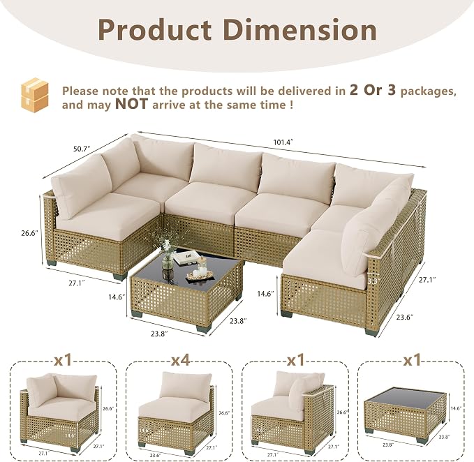 LOUVIXA 7 Piece Outdoor Patio Furniture Set, Outdoor Sectional Sofa, Wicker Rattan Patio Furniture, Patio Conversation Set with Coffee Table & Cushions