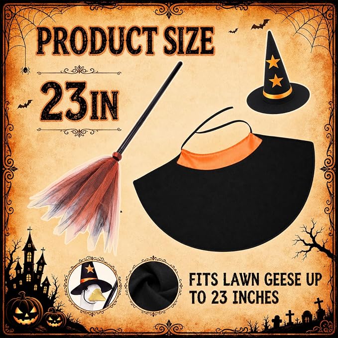 Halloween Porch Goose Outfit Goose Dress Witch Clothes with Broom and Hat Costume for 23" Gooses Statue Decoration Patio Yard Garden Lawn Outdoor Decors