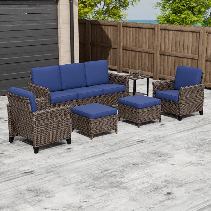 COOS BAY Harbor Retreat 6 Piece Outdoor Furniture Set, Patio Conversation Set with Patio Chairs, 3 Seat Couch, Side Table and Ottomans, Wicker Furniture, Brown/Blue